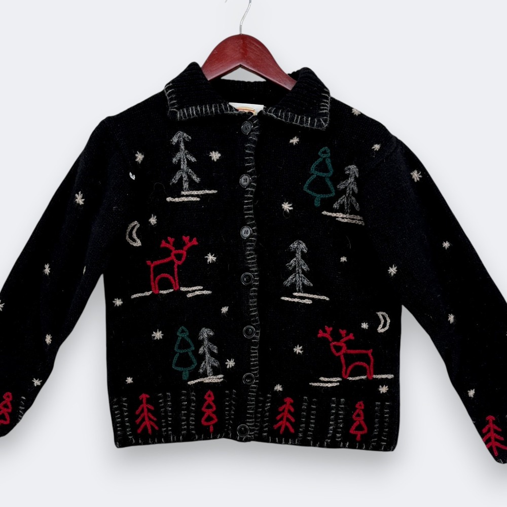 Talbots Womens Christmas Vintage Embroidered Wool Cardigan Small Black Holiday